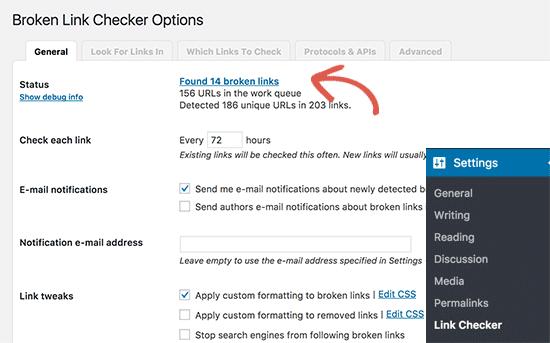 Broken links checker plugin settings page
