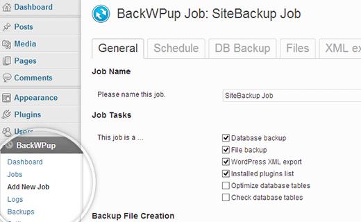 Create a new backup job in BackWPup
