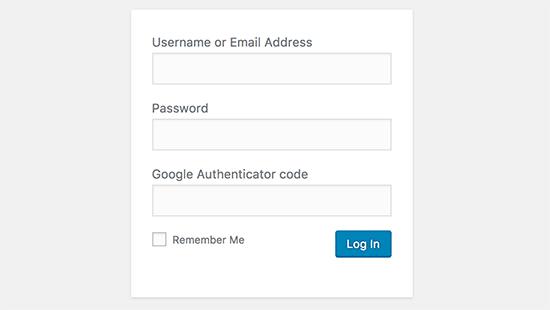 WordPress login screen with Google Authenticator enabled