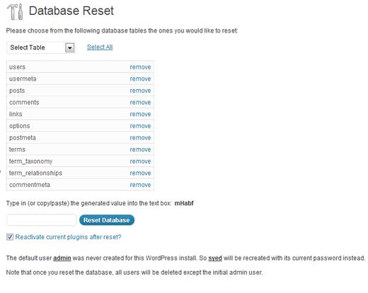 WordPress Database Reset