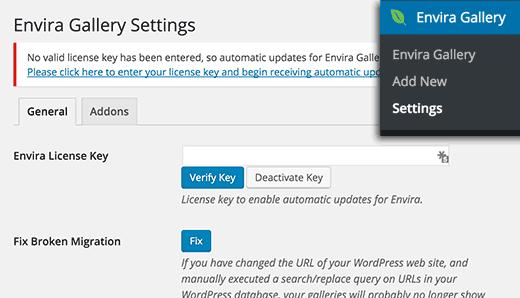 Adding Envira Gallery license key