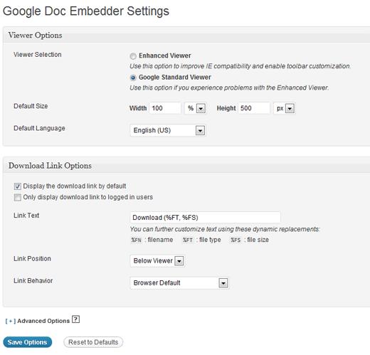 Google Docs Embedder Settings Page