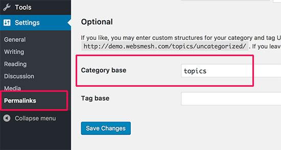 Changing category base prefix in permalink settings