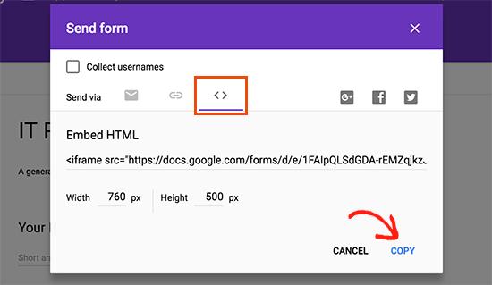 Copy your Google Forms embed code