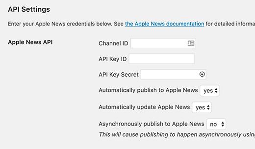 Publish to Apple News settings
