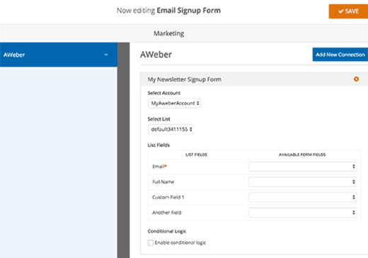 Connect form fields to email list fields
