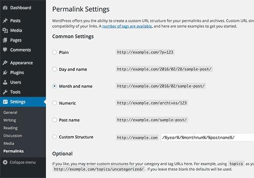 The permalinks settings page in WordPress