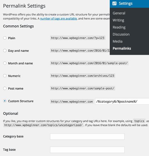 Permalink settings page in WordPress