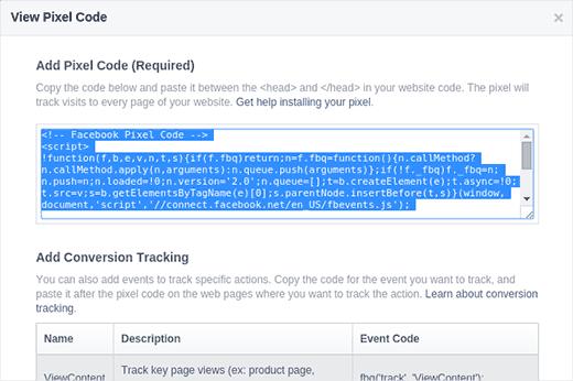 Copy the Facebook Pixel code