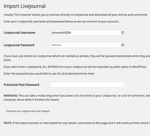 LiveJournal Importer settings