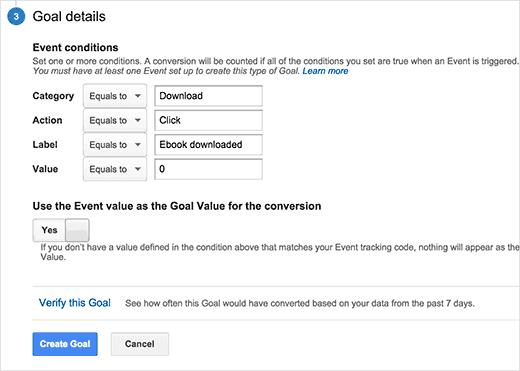 Entering event conditions for custom goal in Google Analytics