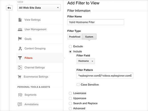 Creating a hostname filter in Google Analytics