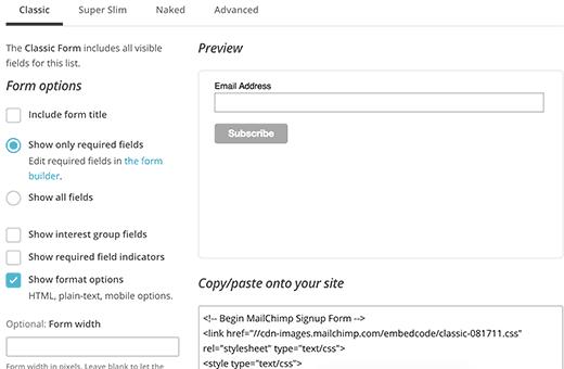 Copy the signup form embed code from MailChimp