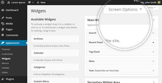 Screen options menu on the widgets screen