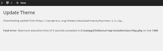 A WordPress site showing maximum execution time exceeded error