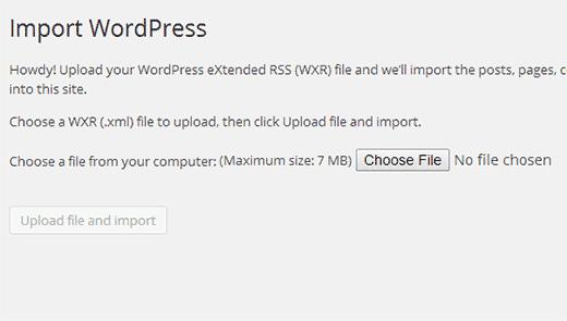 Uploadd WordPress export file you downloaded earlier