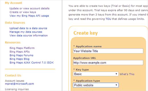Creating a Bing API Key for your Website
