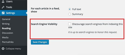 WordPress设置中的搜索引擎可见性选项