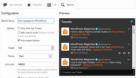 Adding selective tweets by using Twitter Widgets