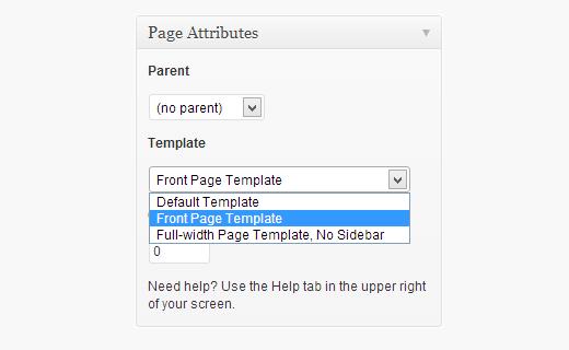 Select a page template for your home page