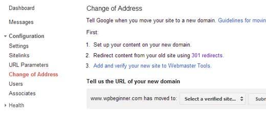 Google Webmaster Tools Change of Address