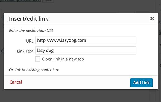 Default insert link popup in WordPress post editor
