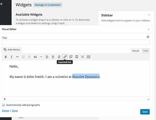 Adding a visual editor widget in WordPress