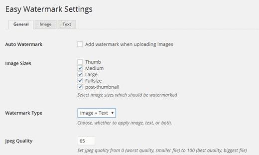 Settings page for Easy Watermark plugin