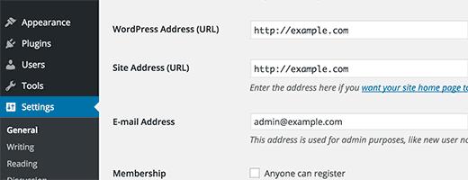 WordPress Address and Site Address settings