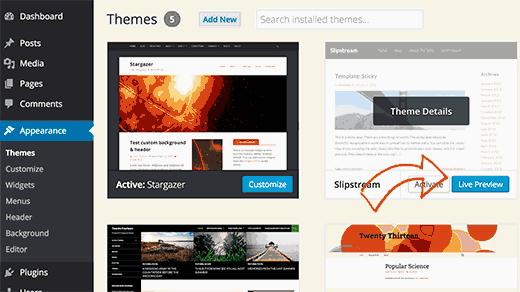 Live preview WordPress theme before activation