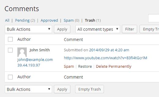 Restoring a comment from trash in WordPress