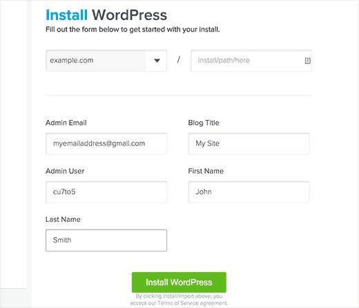 WordPress installation settings in QuickInstall