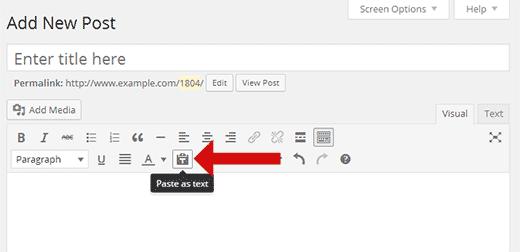 Paste as text button in WordPress visual editor