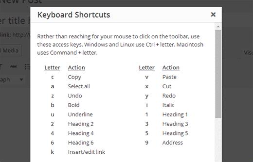Using keyboard shortcuts in WordPress visual editor