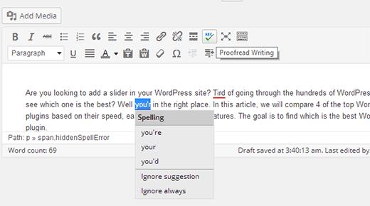 Checking spelling and grammar mistakes in WordPress post editor