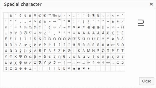Special characters table in WordPress post editor