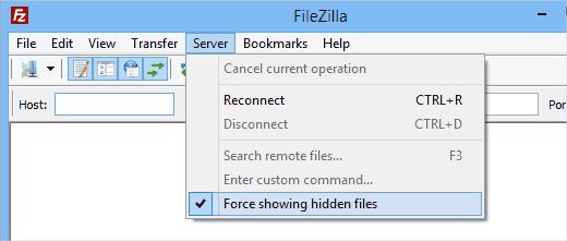 Force showing hidden files in Filezilla FTP client