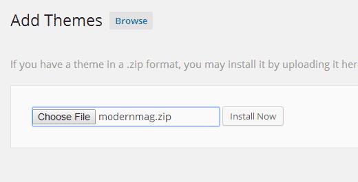 Select and upload the theme zip file to install