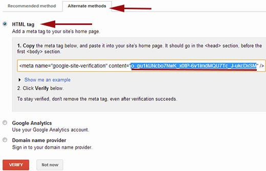 Verify ownership of your website in Google Webmaster Tools with HTML Meta Tag
