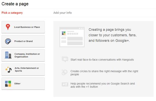 Pick a Category for Google+ Page