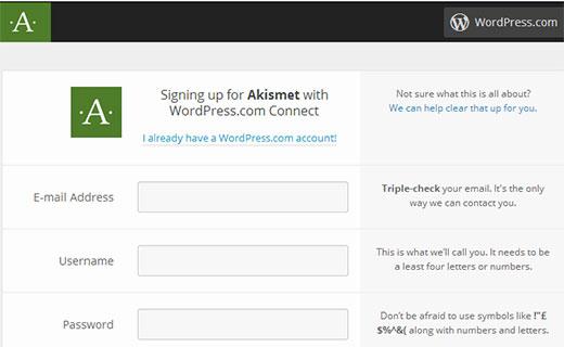 Akismet sign up with WordPress.com Account