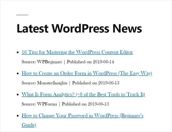 RSS News Feed in WordPress Site Demo