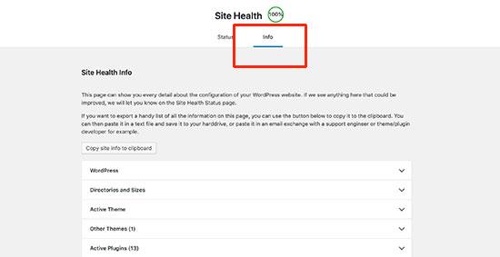 Site health debug information