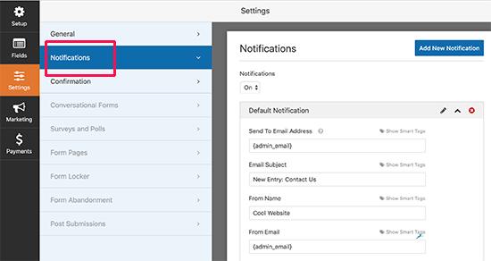 Form notification email settings