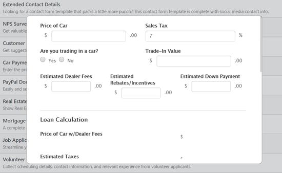 Choosing Car Payment Calculator Form Template in WordPress