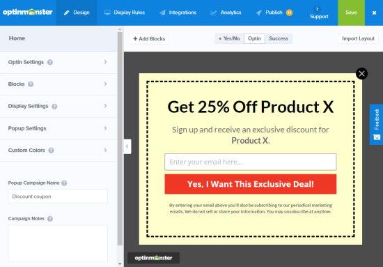 The default popup coupon design, with the title Get 25% Off Product X