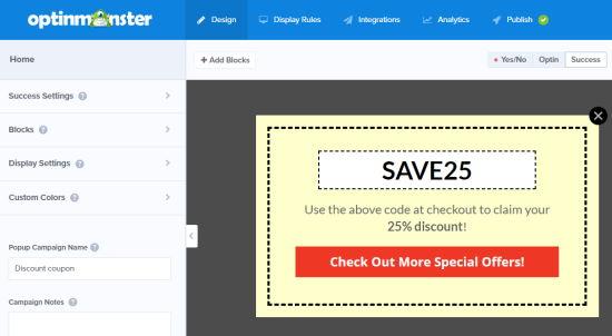 View or change the button action for your coupon popup