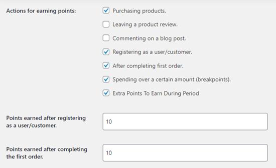 Setting what actions are rewarded with points in your loyalty program